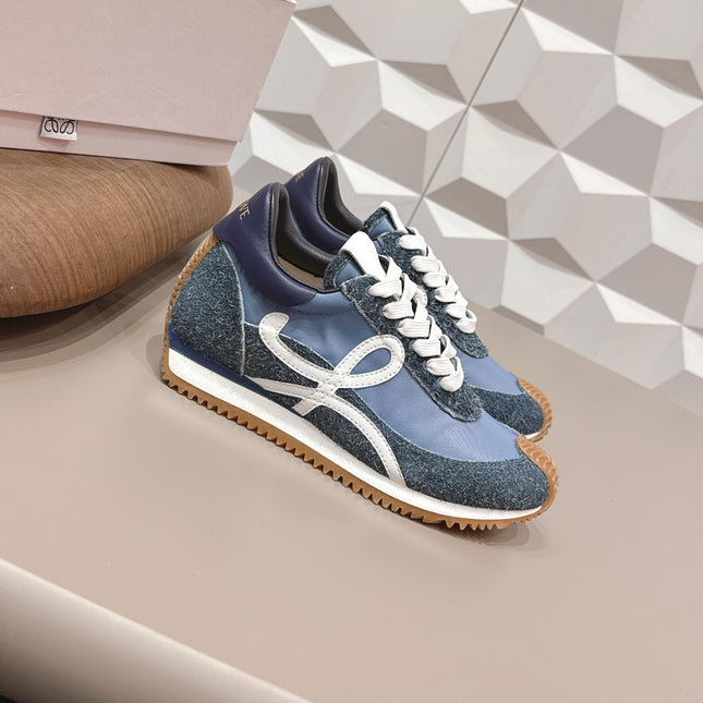 LOEWE 26S FLOW RUNNER SNEAKER IN SLATE BLUE SUEDE AND NAVY BLUE CALFSKIN