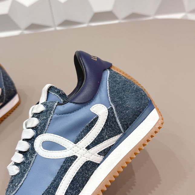LOEWE 26S FLOW RUNNER SNEAKER IN SLATE BLUE SUEDE AND NAVY BLUE CALFSKIN