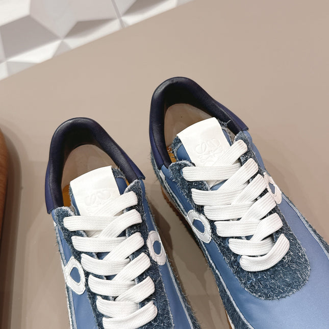 LOEWE 26S FLOW RUNNER SNEAKER IN SLATE BLUE SUEDE AND NAVY BLUE CALFSKIN