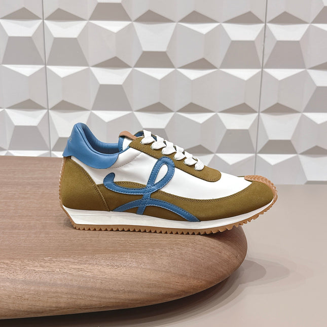 LOEWE 26S FLOW RUNNER SNEAKER IN OLIVE BROWN AND WHITE SUEDE AND BLUE CALFSKIN