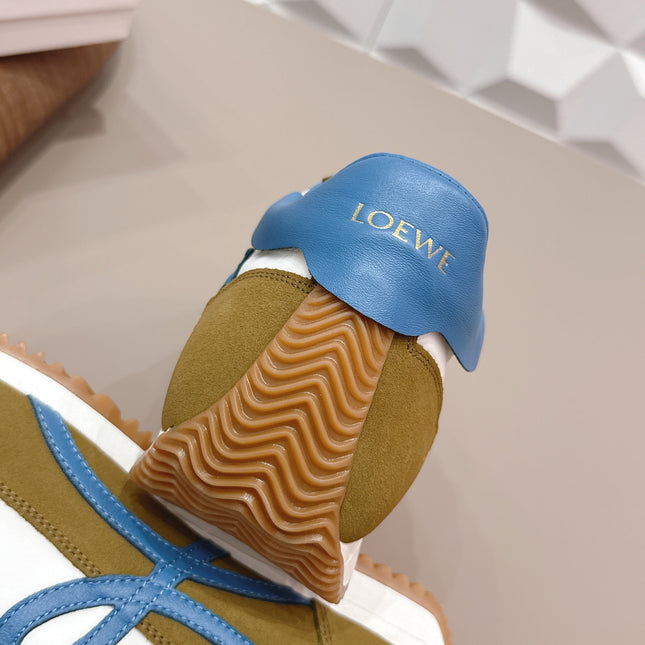 LOEWE 26S FLOW RUNNER SNEAKER IN OLIVE BROWN AND WHITE SUEDE AND BLUE CALFSKIN