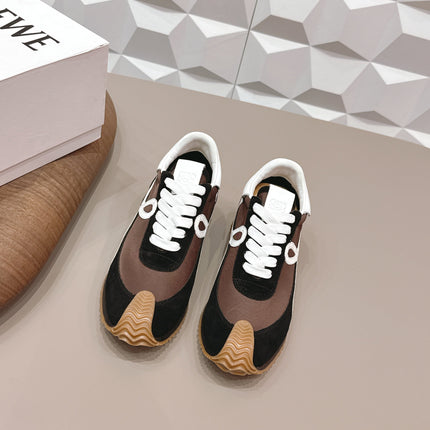 LOEWE 26S FLOW RUNNER SNEAKER IN BLACK AND DARK BROWN SUEDE AND WHITE CALFSKIN