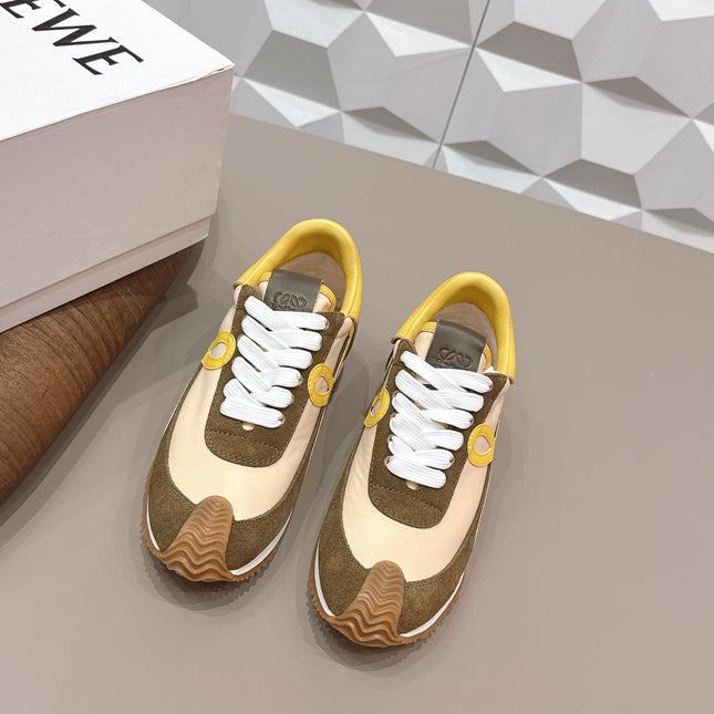 LOEWE 26S FLOW RUNNER SNEAKER IN DARK OLIVE BROWN SUEDE AND YELLOW CALFSKIN