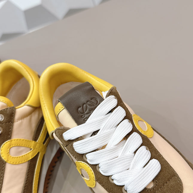 LOEWE 26S FLOW RUNNER SNEAKER IN DARK OLIVE BROWN SUEDE AND YELLOW CALFSKIN