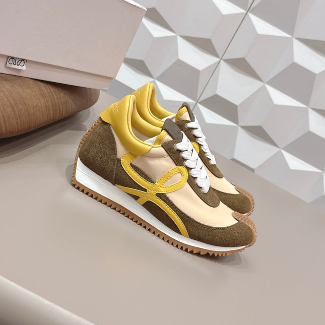 LOEWE 26S FLOW RUNNER SNEAKER IN DARK OLIVE BROWN SUEDE AND YELLOW CALFSKIN