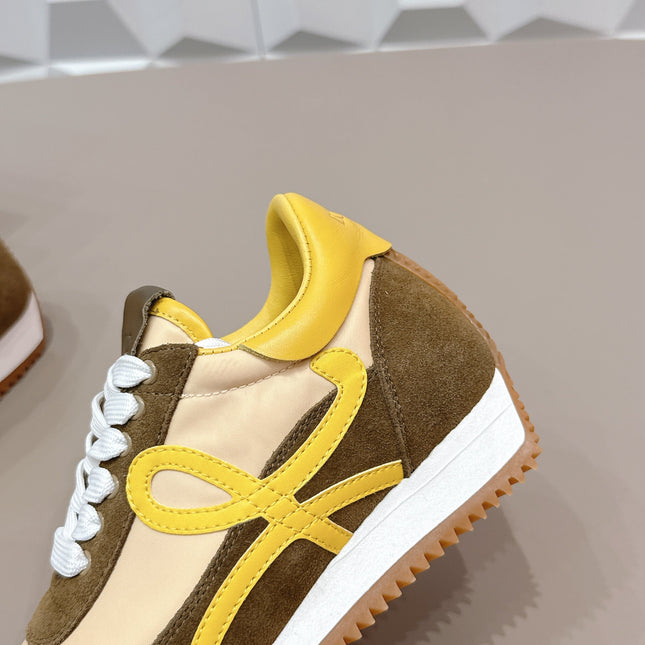 LOEWE 26S FLOW RUNNER SNEAKER IN DARK OLIVE BROWN SUEDE AND YELLOW CALFSKIN