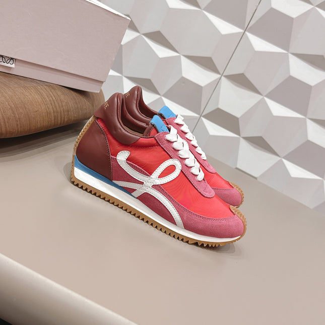 LOEWE 26S FLOW RUNNER SNEAKER IN DUSTY ROSE SUEDE AND DARK RED CALFSKIN