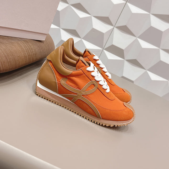 LOEWE 26S FLOW RUNNER SNEAKER IN ORANGE SUEDE AND BROWN CALFSKIN