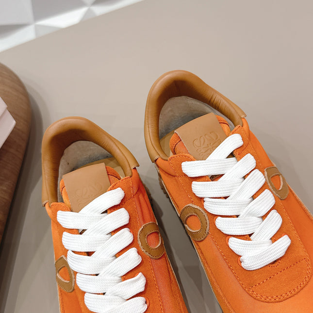 LOEWE 26S FLOW RUNNER SNEAKER IN ORANGE SUEDE AND BROWN CALFSKIN