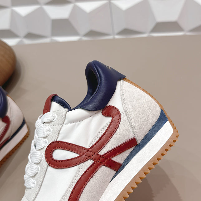 LOEWE 26S FLOW RUNNER SNEAKER IN LIGHT GRAY SUEDE AND NAVY BLUE AND RED CALFSKIN