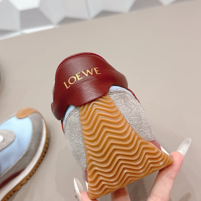 LOEWE 26S FLOW RUNNER SNEAKER IN GRAY AND BLUE SUEDE AND DARK RED CALFSKIN