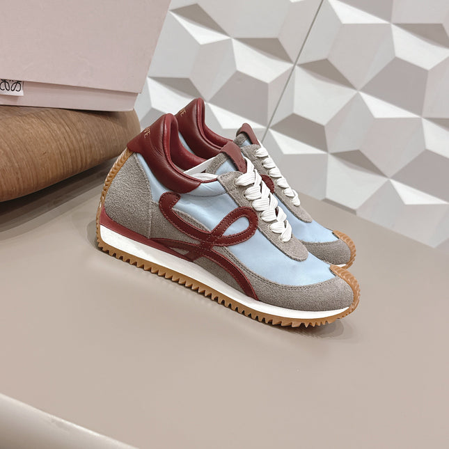 LOEWE 26S FLOW RUNNER SNEAKER IN GRAY AND BLUE SUEDE AND DARK RED CALFSKIN