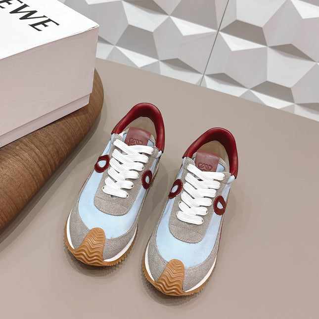LOEWE 26S FLOW RUNNER SNEAKER IN GRAY AND BLUE SUEDE AND DARK RED CALFSKIN