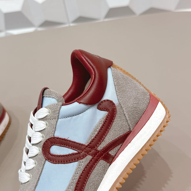 LOEWE 26S FLOW RUNNER SNEAKER IN GRAY AND BLUE SUEDE AND DARK RED CALFSKIN