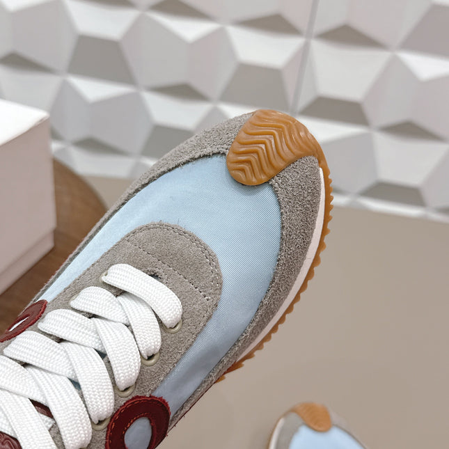 LOEWE 26S FLOW RUNNER SNEAKER IN GRAY AND BLUE SUEDE AND DARK RED CALFSKIN