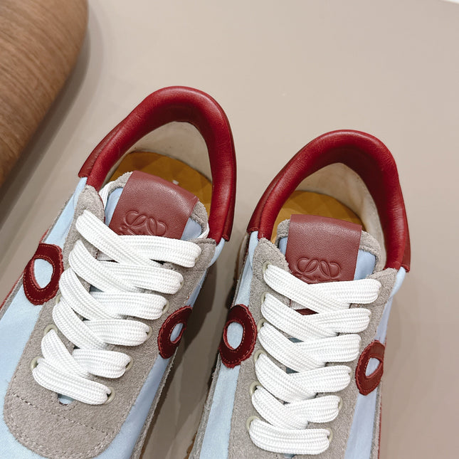 LOEWE 26S FLOW RUNNER SNEAKER IN GRAY AND BLUE SUEDE AND DARK RED CALFSKIN