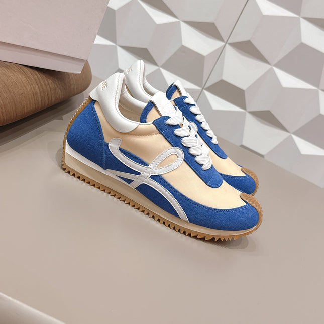 LOEWE 26S FLOW RUNNER SNEAKER IN BLUE AND NUDE SUEDE AND WHITE CALFSKIN