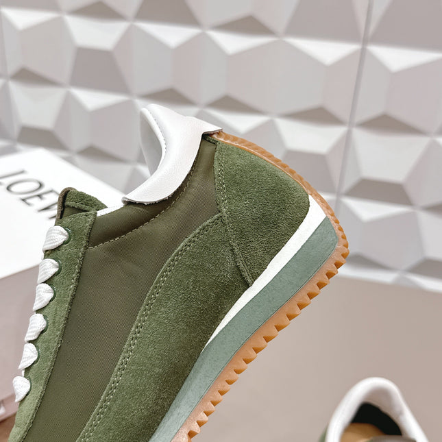 LOEWE 26S FLOW RUNNER SNEAKER IN DARK OLIVE GREEN SUEDE AND WHITE CALFSKIN