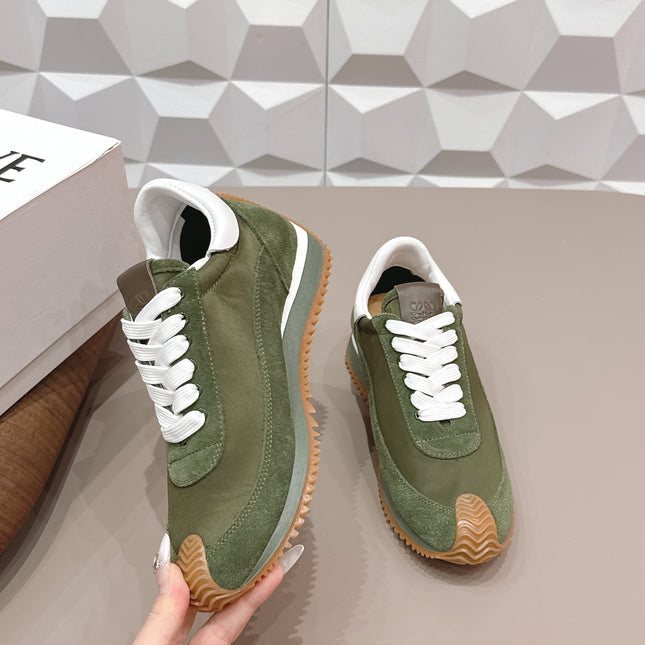 LOEWE 26S FLOW RUNNER SNEAKER IN DARK OLIVE GREEN SUEDE AND WHITE CALFSKIN