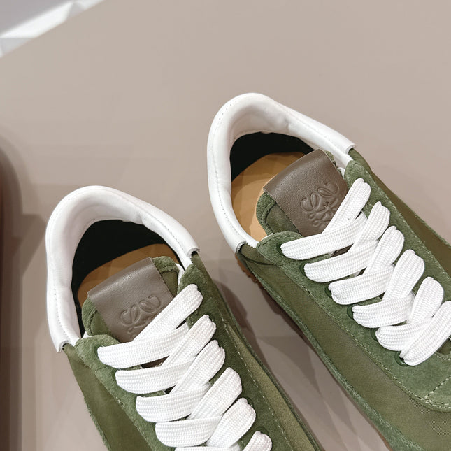 LOEWE 26S FLOW RUNNER SNEAKER IN DARK OLIVE GREEN SUEDE AND WHITE CALFSKIN