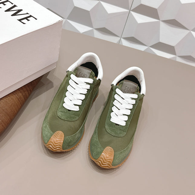 LOEWE 26S FLOW RUNNER SNEAKER IN DARK OLIVE GREEN SUEDE AND WHITE CALFSKIN