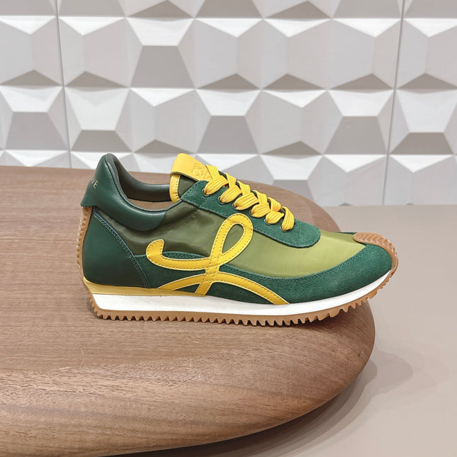 LOEWE 26S FLOW RUNNER SNEAKER IN GREEN AND YELLOW SUEDE AND CALFSKIN