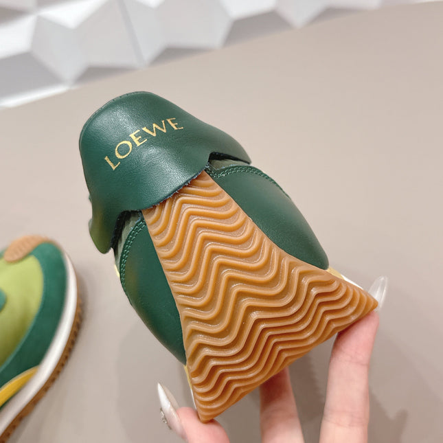 LOEWE 26S FLOW RUNNER SNEAKER IN GREEN AND YELLOW SUEDE AND CALFSKIN