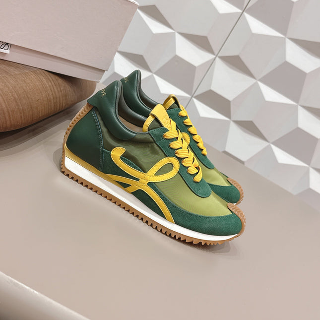 LOEWE 26S FLOW RUNNER SNEAKER IN GREEN AND YELLOW SUEDE AND CALFSKIN