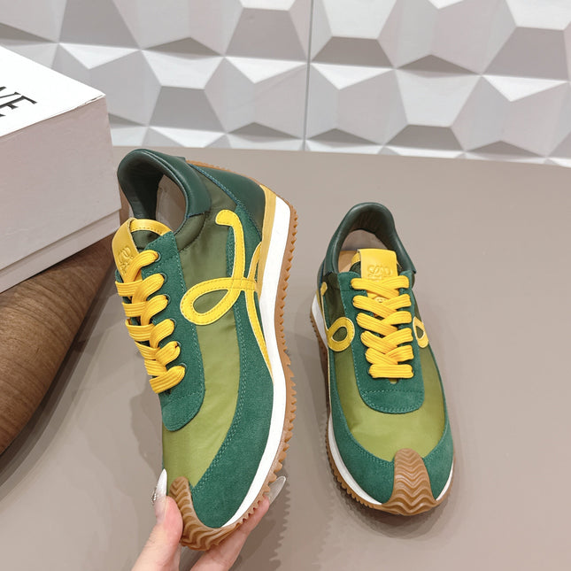 LOEWE 26S FLOW RUNNER SNEAKER IN GREEN AND YELLOW SUEDE AND CALFSKIN