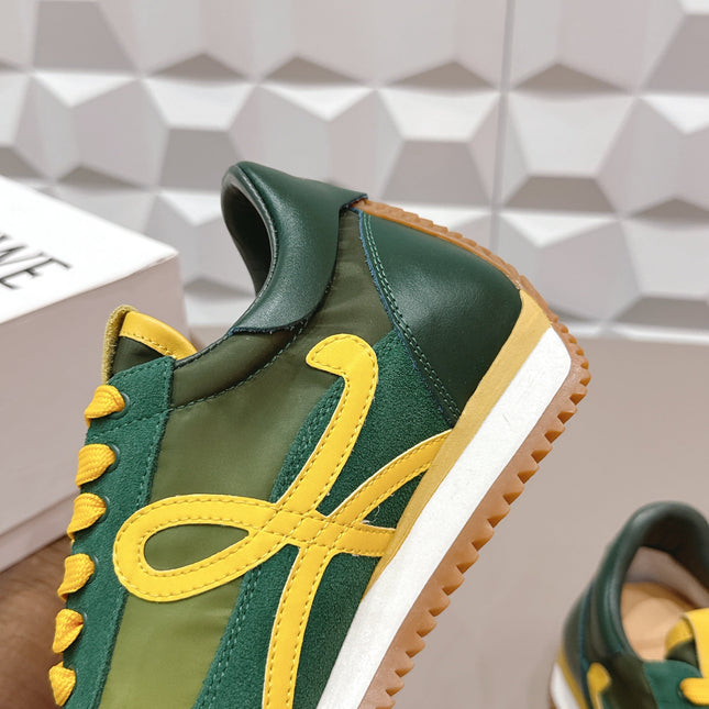 LOEWE 26S FLOW RUNNER SNEAKER IN GREEN AND YELLOW SUEDE AND CALFSKIN