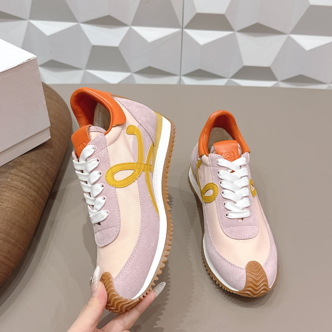 LOEWE 26S FLOW RUNNER SNEAKER IN LIGHT PINK SUEDE AND ORANGE CALFSKIN