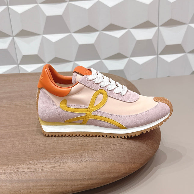 LOEWE 26S FLOW RUNNER SNEAKER IN LIGHT PINK SUEDE AND ORANGE CALFSKIN