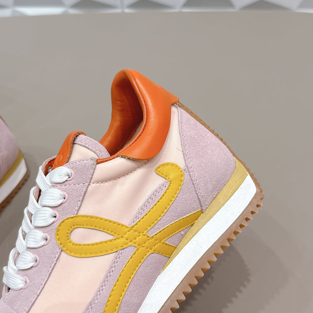LOEWE 26S FLOW RUNNER SNEAKER IN LIGHT PINK SUEDE AND ORANGE CALFSKIN