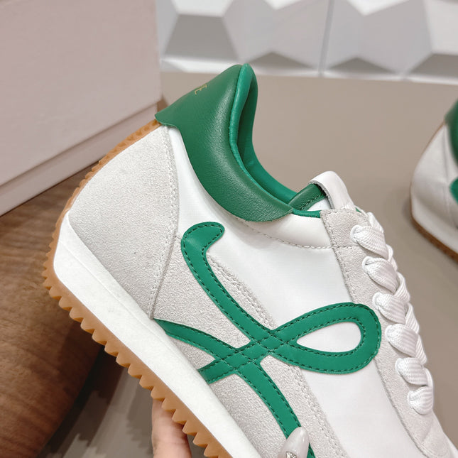 LOEWE 26S FLOW RUNNER SNEAKER IN WHITE SUEDE AND DEEP TEAL GREEN CALFSKIN