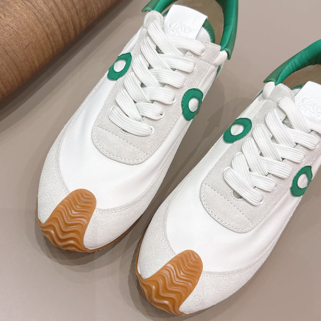 LOEWE 26S FLOW RUNNER SNEAKER IN WHITE SUEDE AND DEEP TEAL GREEN CALFSKIN