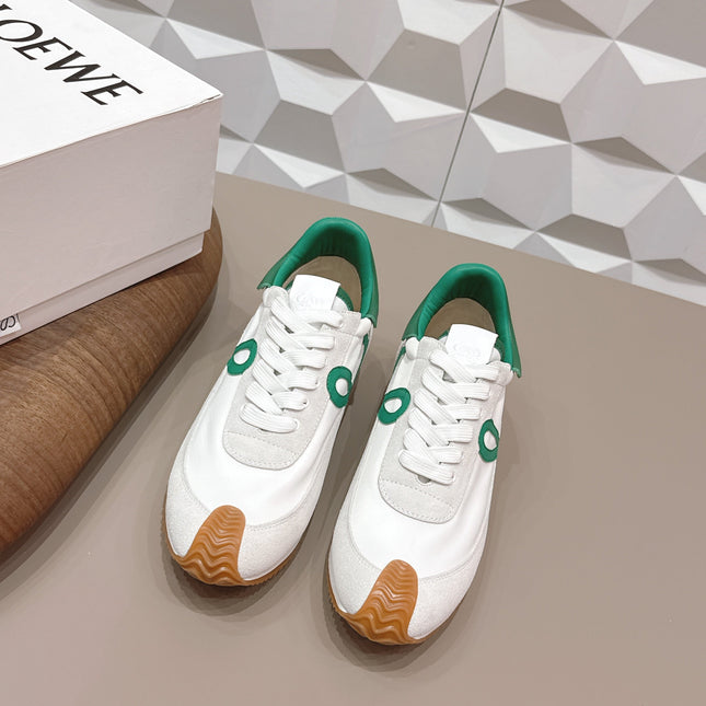 LOEWE 26S FLOW RUNNER SNEAKER IN WHITE SUEDE AND DEEP TEAL GREEN CALFSKIN