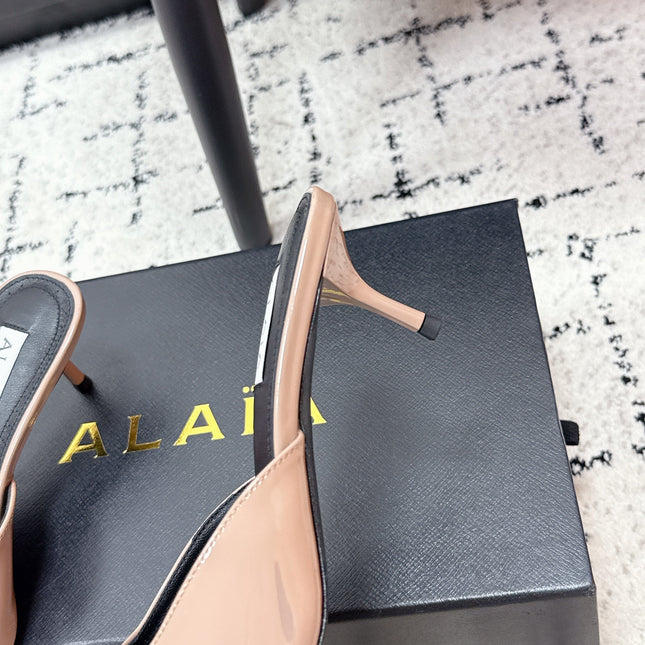 ALAIA 26S HEELED MULES 65 MM IN NUDE PINK GLOSSY CALFSKIN