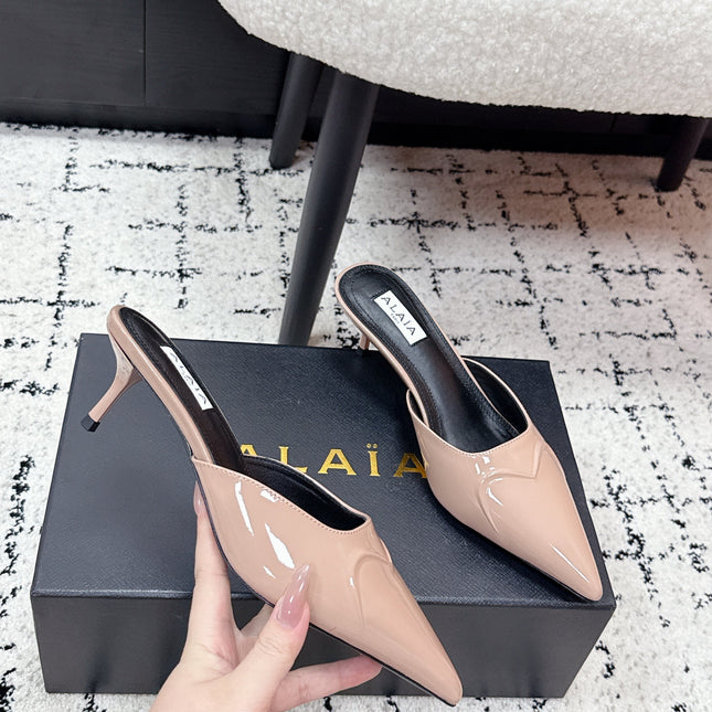 ALAIA 26S HEELED MULES 65 MM IN NUDE PINK GLOSSY CALFSKIN