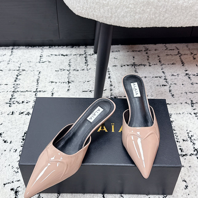 ALAIA 26S HEELED MULES 65 MM IN NUDE PINK GLOSSY CALFSKIN