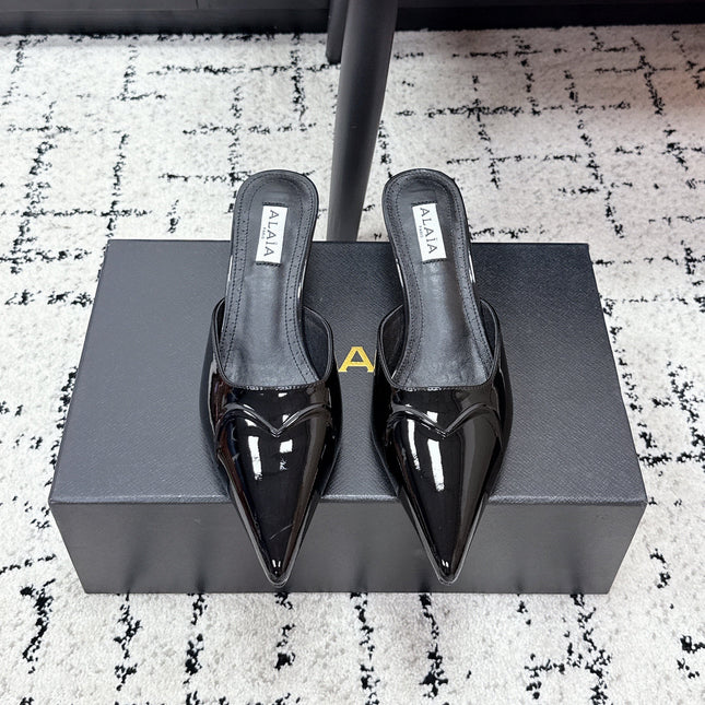 ALAIA 26S HEELED MULES 65 MM IN BLACK GLOSSY CALFSKIN