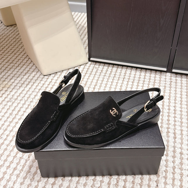 CHANEL 26S SLINGBACK LOAFERS IN BLACK SUEDE