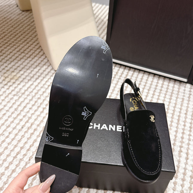 CHANEL 26S SLINGBACK LOAFERS IN BLACK SUEDE