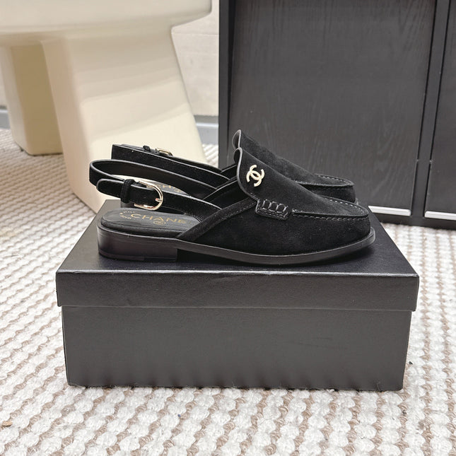CHANEL 26S SLINGBACK LOAFERS IN BLACK SUEDE