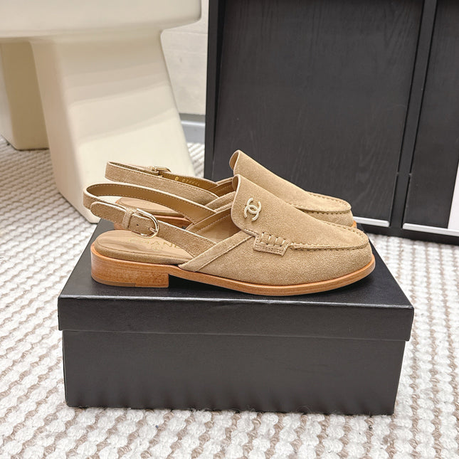 CHANEL 26S SLINGBACK LOAFERS IN LIGHT BROWN SUEDE