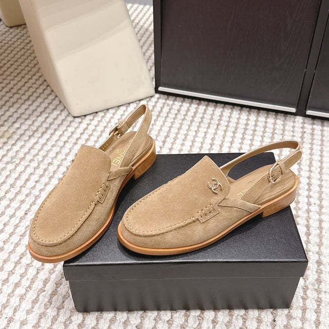 CHANEL 26S SLINGBACK LOAFERS IN LIGHT BROWN SUEDE