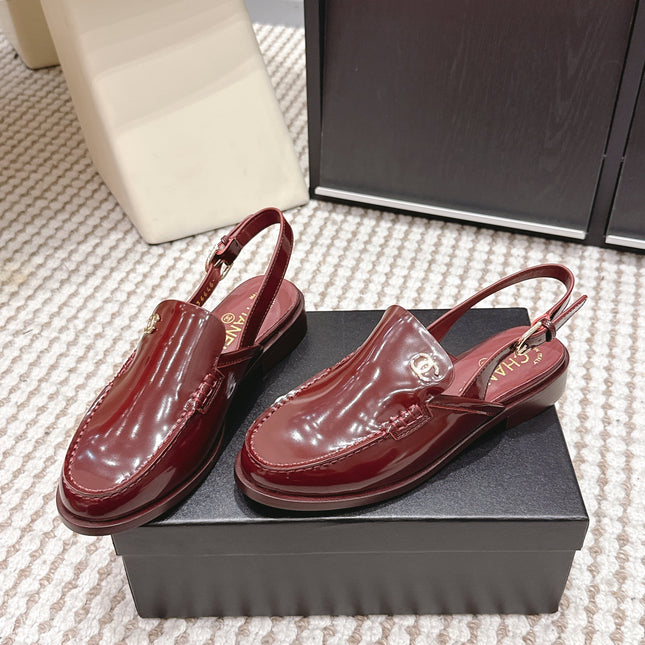 CHANEL 26S SLINGBACK LOAFERS IN DARK RED GLOSSY CALFSKIN