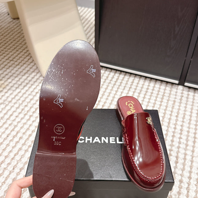 CHANEL 26S LOAFER MULES IN DARK RED GLOSSY CALFSKIN