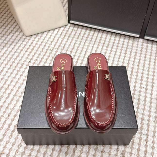 CHANEL 26S LOAFER MULES IN DARK RED GLOSSY CALFSKIN