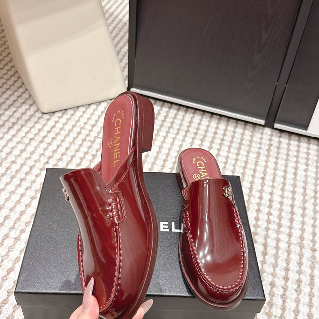 CHANEL 26S LOAFER MULES IN DARK RED GLOSSY CALFSKIN