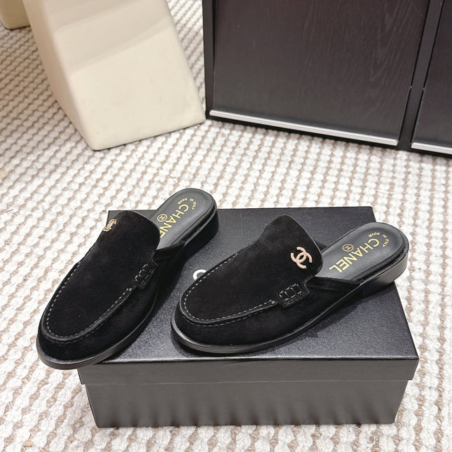 CHANEL 26S LOAFER MULES IN BLACK SUEDE